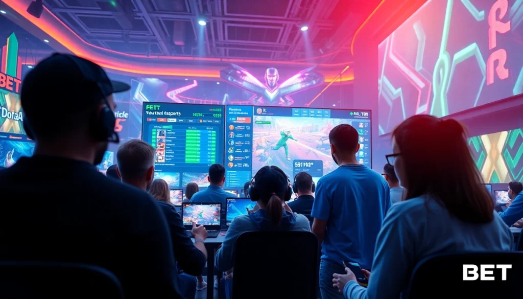 Exciting online gambling scene with F8BET branding showcasing live esports betting.