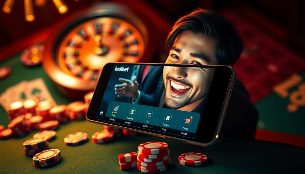 Engaging scene of a player using the indibet apk for live betting on a mobile device amidst casino elements.