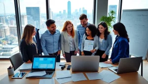 Team brainstorming and collaborating in a modern agency setting with vibrant cityscape.