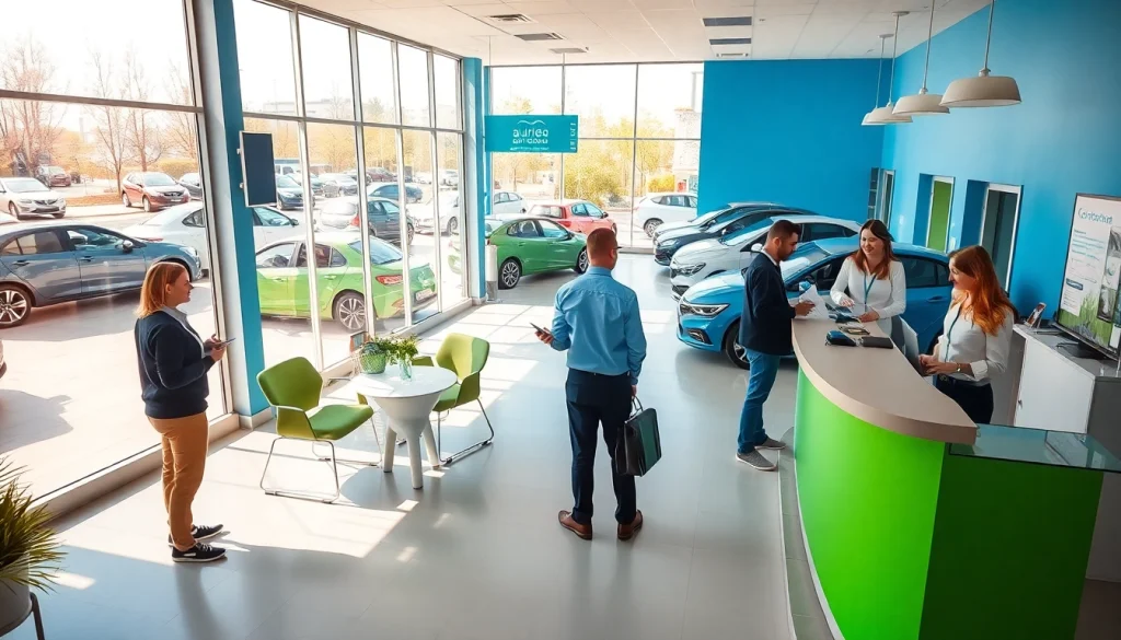 Chirie auto Moldova: welcoming car rental office scene in Chișinău, showcasing diverse models and friendly assistance.