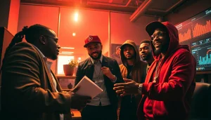 Engaging hip hop publicist strategizing with artists in a vibrant office setting.