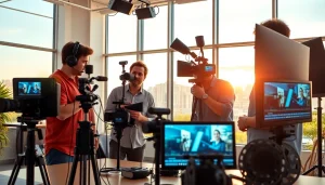 Video Production Company Calgary working in a modern studio with advanced equipment and a Calgary skyline backdrop.