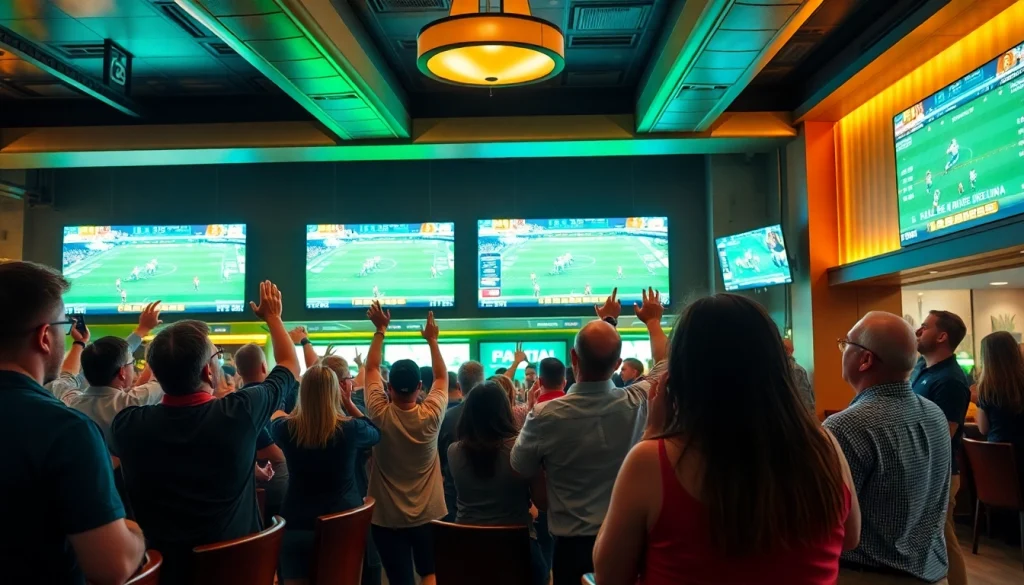 Engaged fans enjoying sports betting in South Carolina's lively atmosphere.