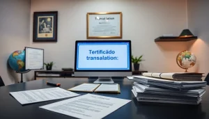 Certified translation service desk featuring documents and translations for traducción jurada.