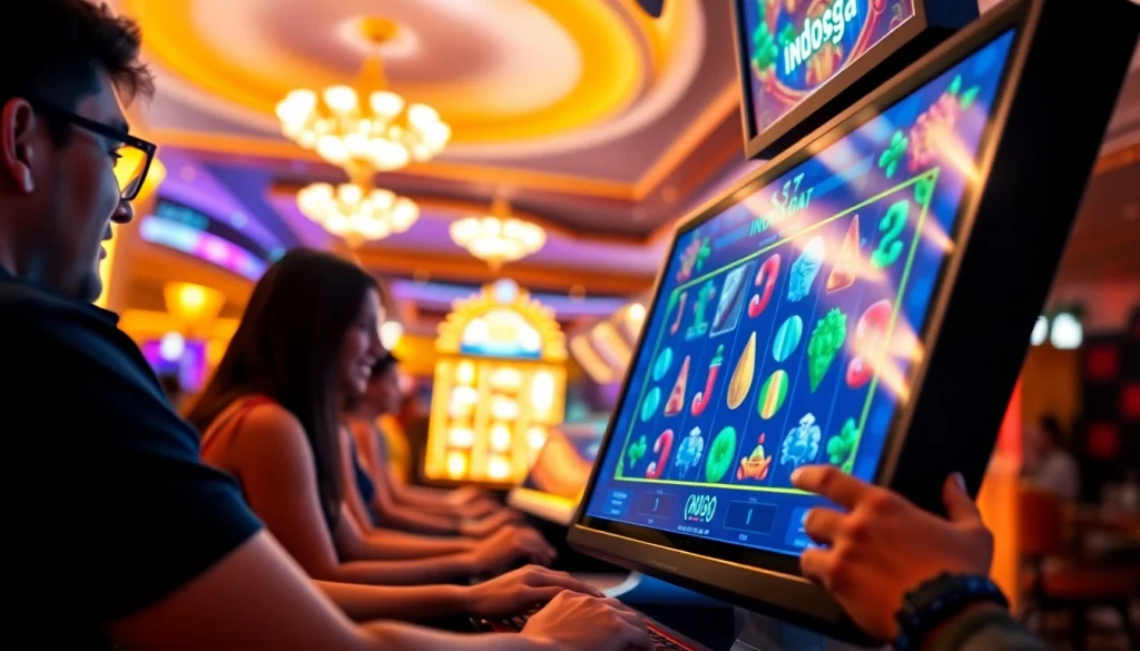 Menampilkan pengalaman permainan Indosga slot online dengan pemain yang antusias di latar mewah.