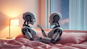 Humanoid robots sharing an intimate moment in a modern bedroom, highlighting the concept of ai sex.