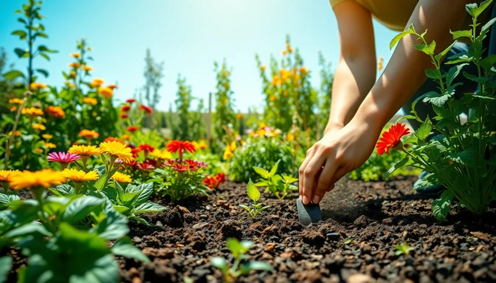 Gardening scene with vibrant plants and a gardener planting seeds in a sunny garden.