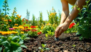 Gardening scene with vibrant plants and a gardener planting seeds in a sunny garden.