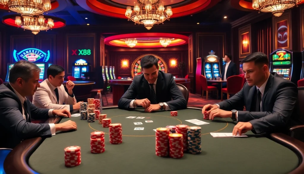 Players engaging in a high-stakes poker game at XN 88 casino, showcasing excitement and luxury.