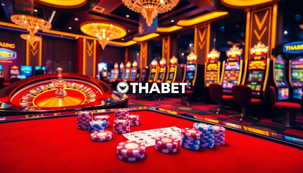 Play poker at THABET casino with vibrant tables, colorful chips, and exciting gaming ambiance.