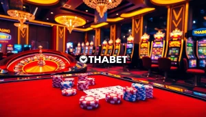 Play poker at THABET casino with vibrant tables, colorful chips, and exciting gaming ambiance.