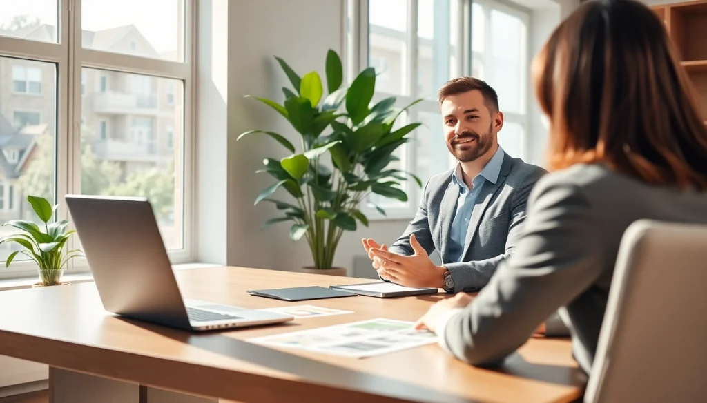 Real Estate professional engaging with clients in a modern office setting, showcasing property listings.