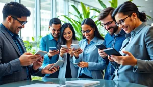 Engaged team utilizing mobile crm solutions in a modern office environment.