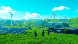 Cloud crypto mining facility powered by renewable energy sources with diverse individuals collaborating.