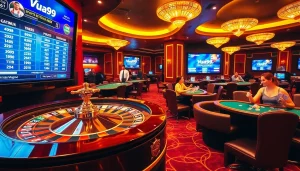 Vua99 players celebrating wins at a vibrant casino with poker tables and roulette wheels.