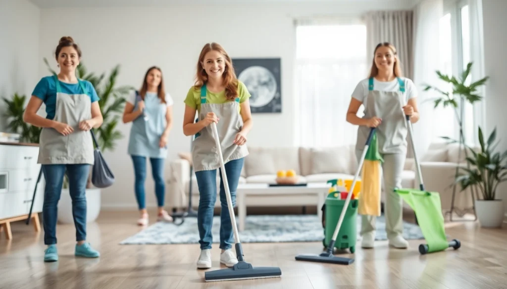 Cleaning service team providing professional and eco-friendly home cleaning in a vibrant setting.