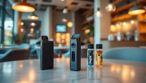 Modern pod kit showcased with colorful e-liquids in a trendy café setting.