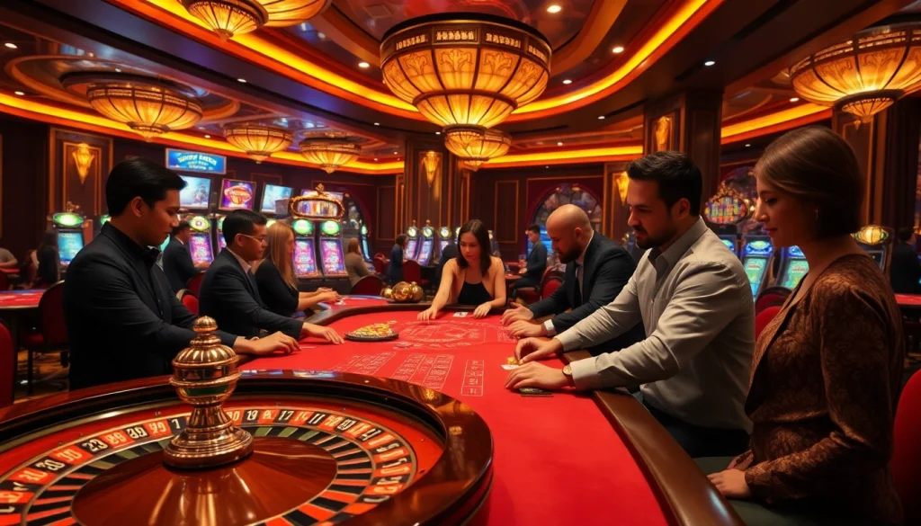 Experience the thrill of RAJABARONG with players at casino tables, slot machines, and vibrant gaming atmosphere.