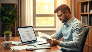 Traducteur arabe professionnel en action, présentant les services de traducteur assermenté arabe avec des documents et des logiciels de traduction.