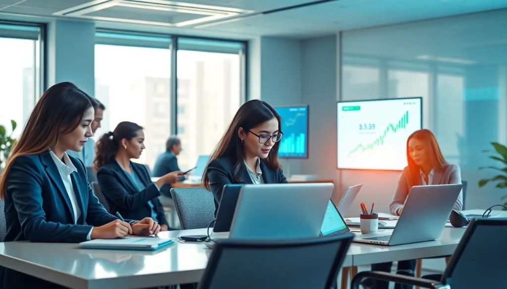 현대적 사무 환경에서 소액결제(마이크로결제) 거래를 시각적으로 표현한 이미지로, 디지털 결제와 다양한 비즈니스 전문가들이 등장합니다.