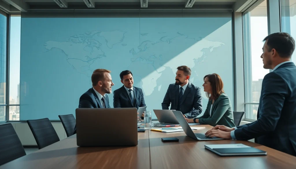 Engaged ore brokers collaborating in a modern office space, showcasing expertise.