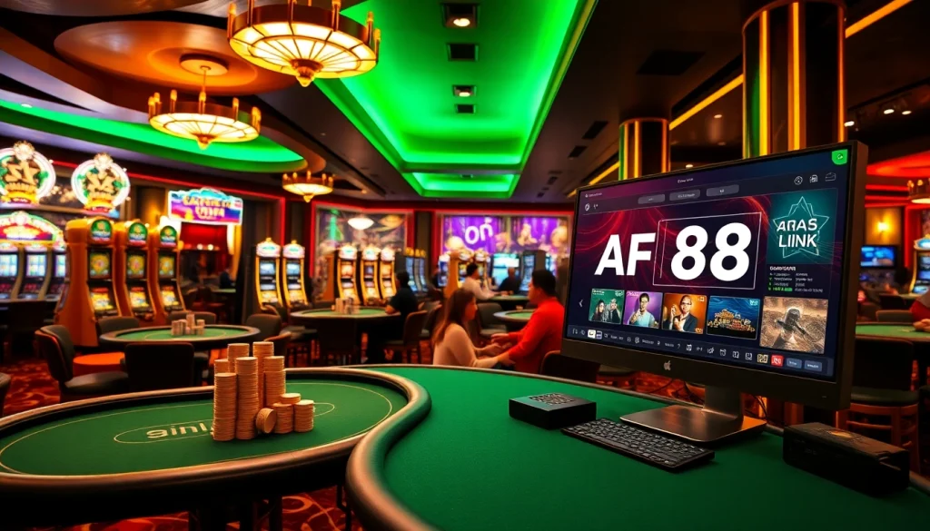 Engage with the AF88 LINK platform in a vibrant casino scene showcasing exciting gambling activities.