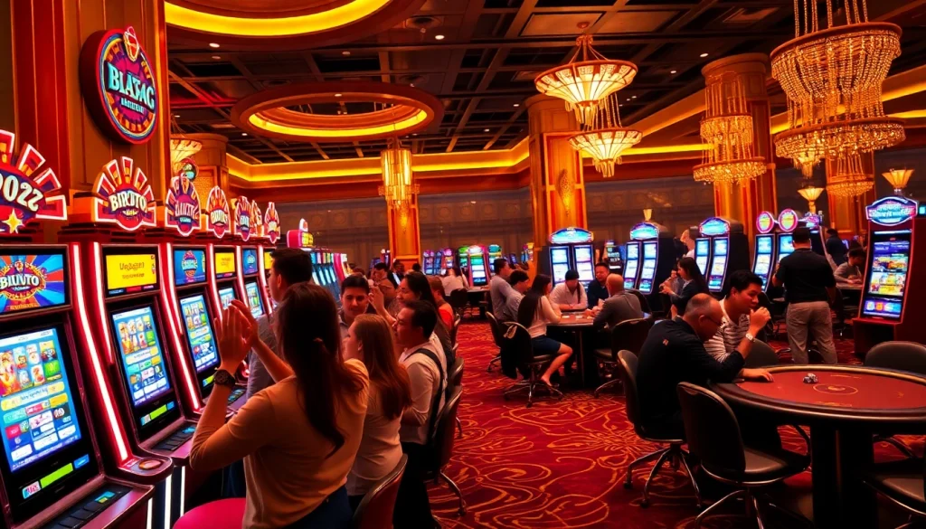 Players celebrating wins at birutoto slot machines in a vibrant casino atmosphere.