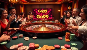 Experience the excitement of Go99.cheap with a luxurious casino scene featuring roulette and poker.