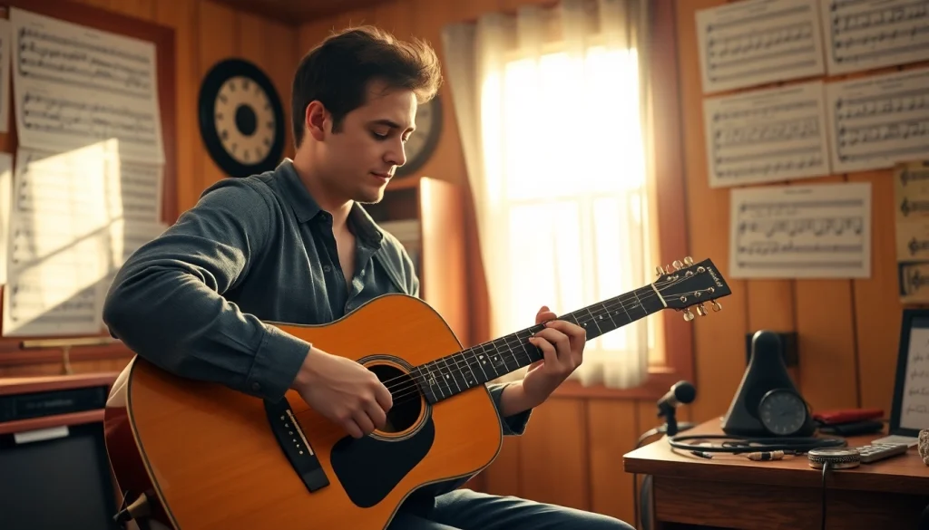 Experience tailored guitar lessons with https://guitarlessons.co.uk, featuring an engaged guitarist in a cozy studio.