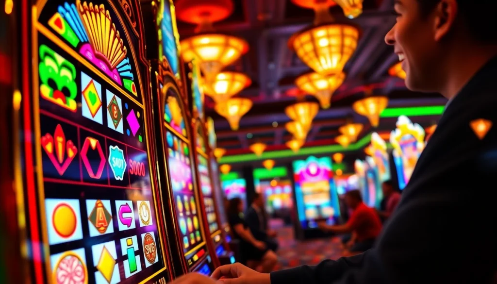 Permainan petanitoto yang menarik dengan mesin slot berwarna cerah penuh cahaya.