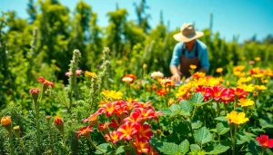 Gardening scene with a gardener nurturing a colorful garden filled with vibrant plants.