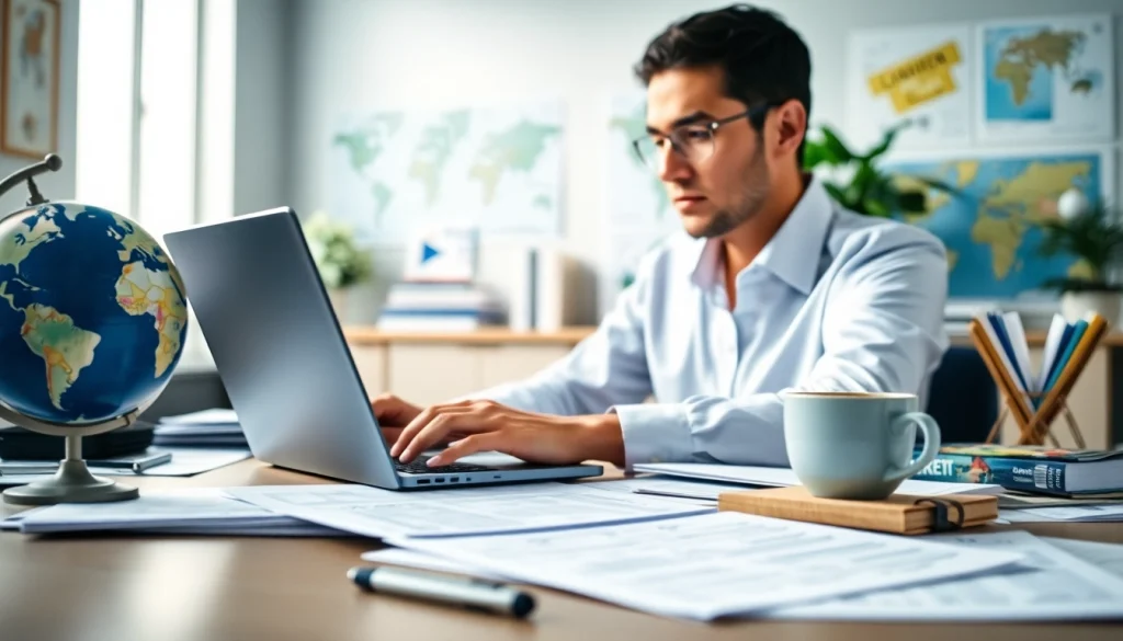 Individual completing the esta application at a desk, showcasing focus and professionalism.