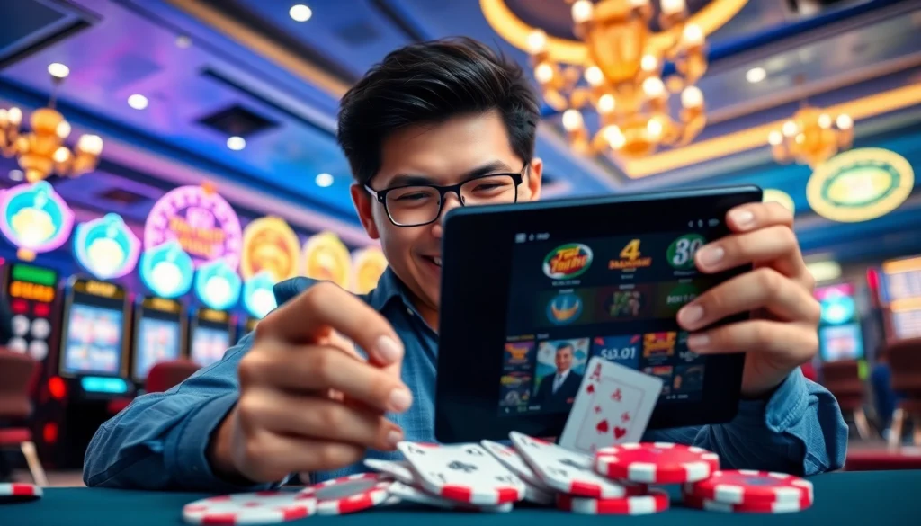 Engaging online gaming scene at https://mm88.agency/ featuring a user enjoying vibrant casino games on a tablet.