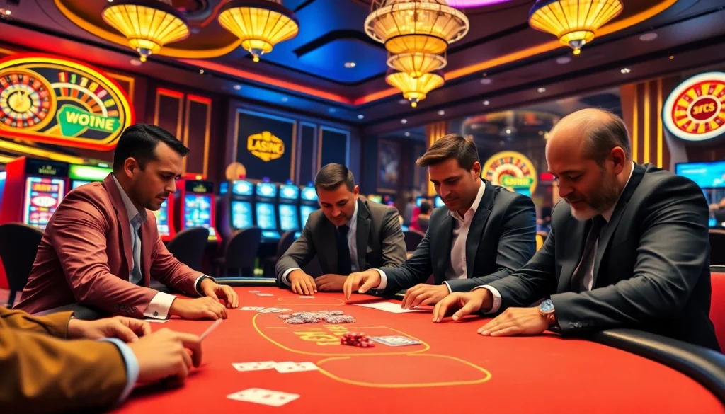Intense poker action at a casino featuring 33win 66, showcasing players, chips, and roulette wheels.