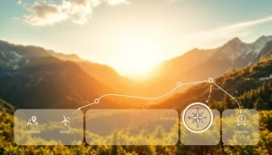 Nuvelios.org 여행 계획 플랫폼의 아름다운 자연 경관을 배경으로 한 화면을 보여줍니다.