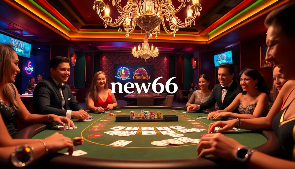 Experience casino excitement at new66 with stylish gaming tables and eager players enjoying their game.