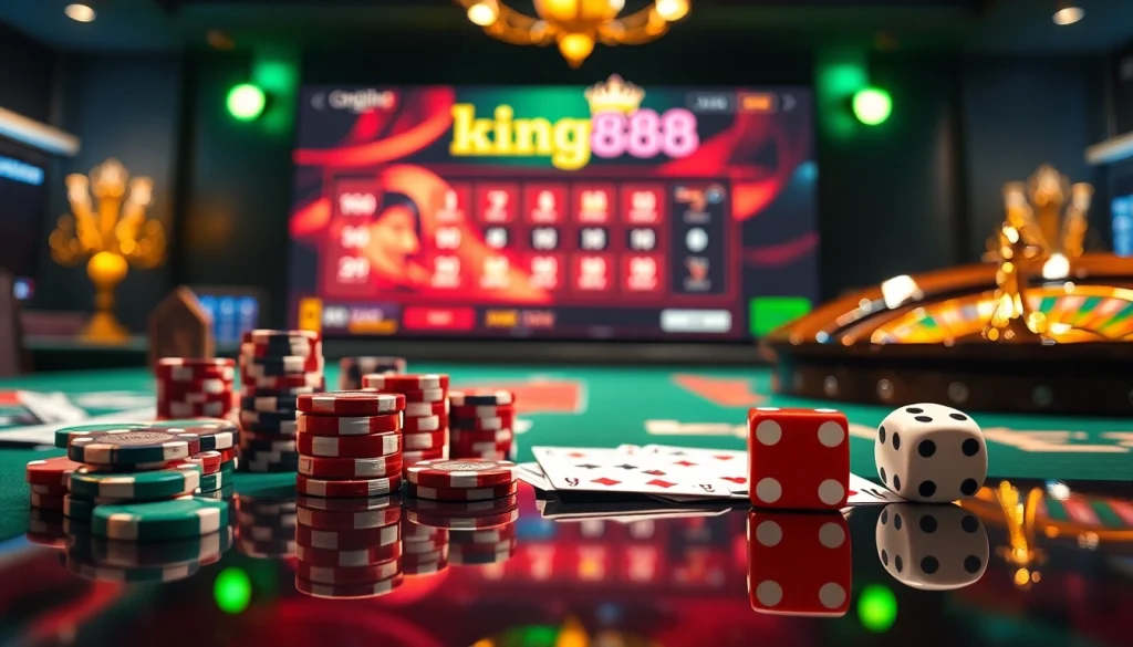 Experience the excitement of king88 đăng nhập at a luxurious casino table filled with lively poker chips and vibrant cards.