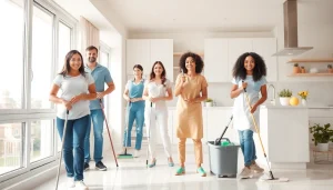 Showcasing a professional cleaning service team working in a bright home environment.