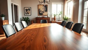 Beautifully crafted solid wood tables in an elegant dining room setting.