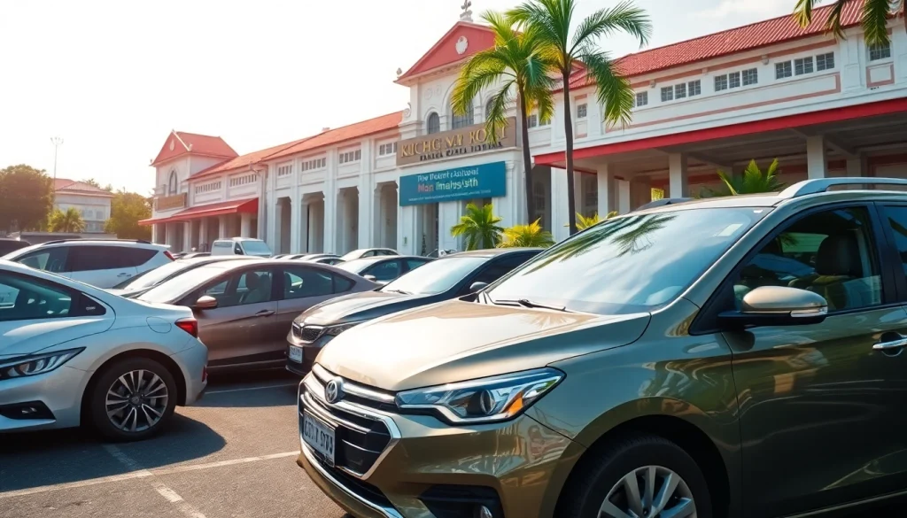 Kuching car hire options with diverse rental cars near an iconic Malaysian landmark.
