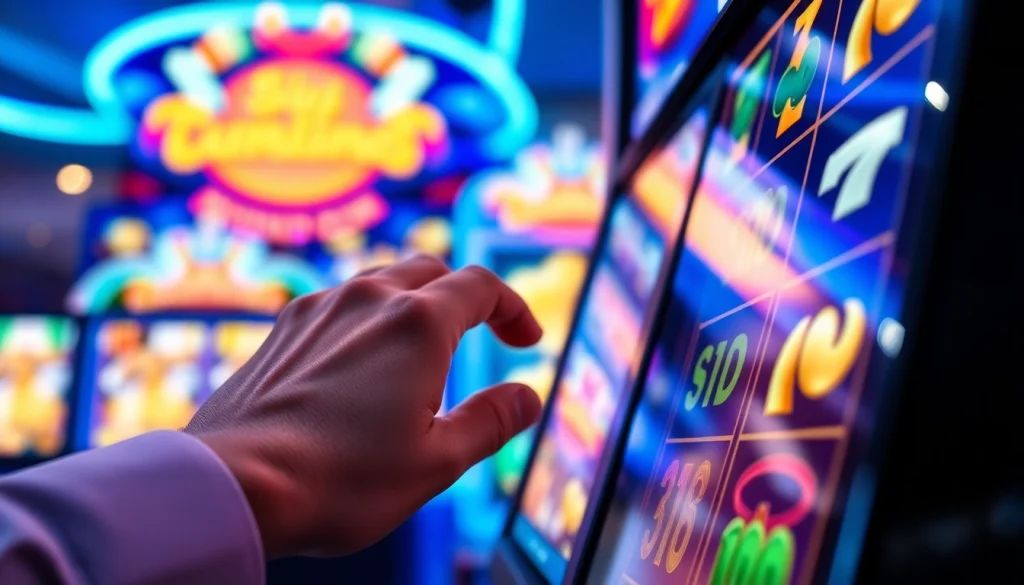 Permainan slot depo 5k menampilkan pemain di kasino digital yang cerah.