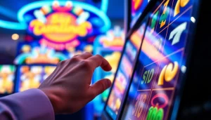 Permainan slot depo 5k menampilkan pemain di kasino digital yang cerah.