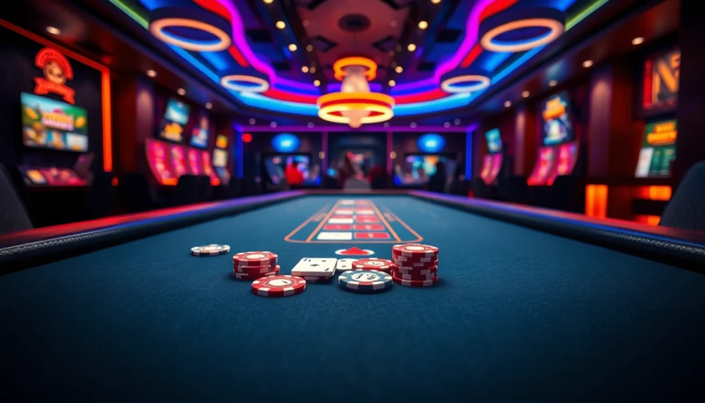 Permainan menyeronokkan di Online Casino Malaysia dengan meja perjudian dan cip berwarna-warni