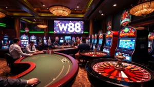 Intense gameplay at W88 casino featuring vibrant roulette wheels and poker tables.