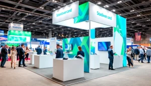 Engaging trade show booth with vibrant graphics and interactive features in a bustling expo.