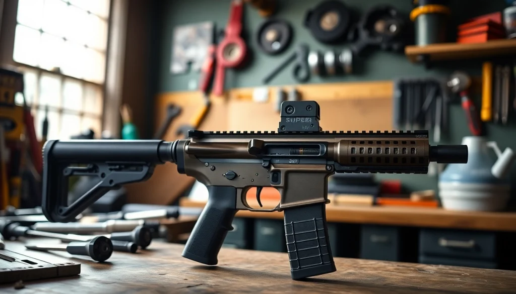 Close-up view of the super safety ar15 in a workshop, showcasing its intricate design and features.