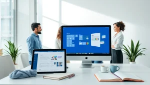 WPS电脑版 interface showcased in a modern workspace with professionals collaborating seamlessly.