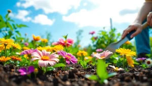 Gardening scene of a gardener planting seeds among vibrant flowers in a sunny garden