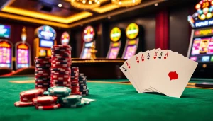 Engaging scene showcasing the nhà cái god55 with vibrant casino elements like poker chips and roulette wheel.