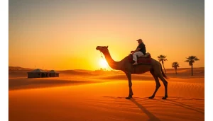 Agafay Desert camel ride at sunset, showcasing riders on camels against golden dunes.